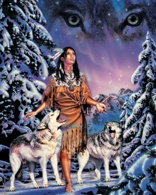 Deux loups et une femme  Peinture par numéros