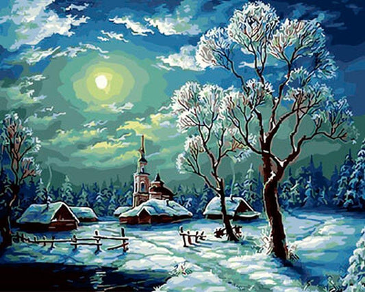 Snowy Night Scene Paint by Numbers