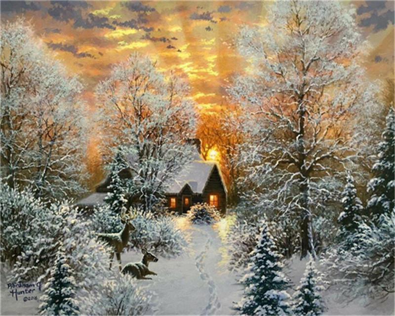 Cabane sous la neige   Peinture par numéros